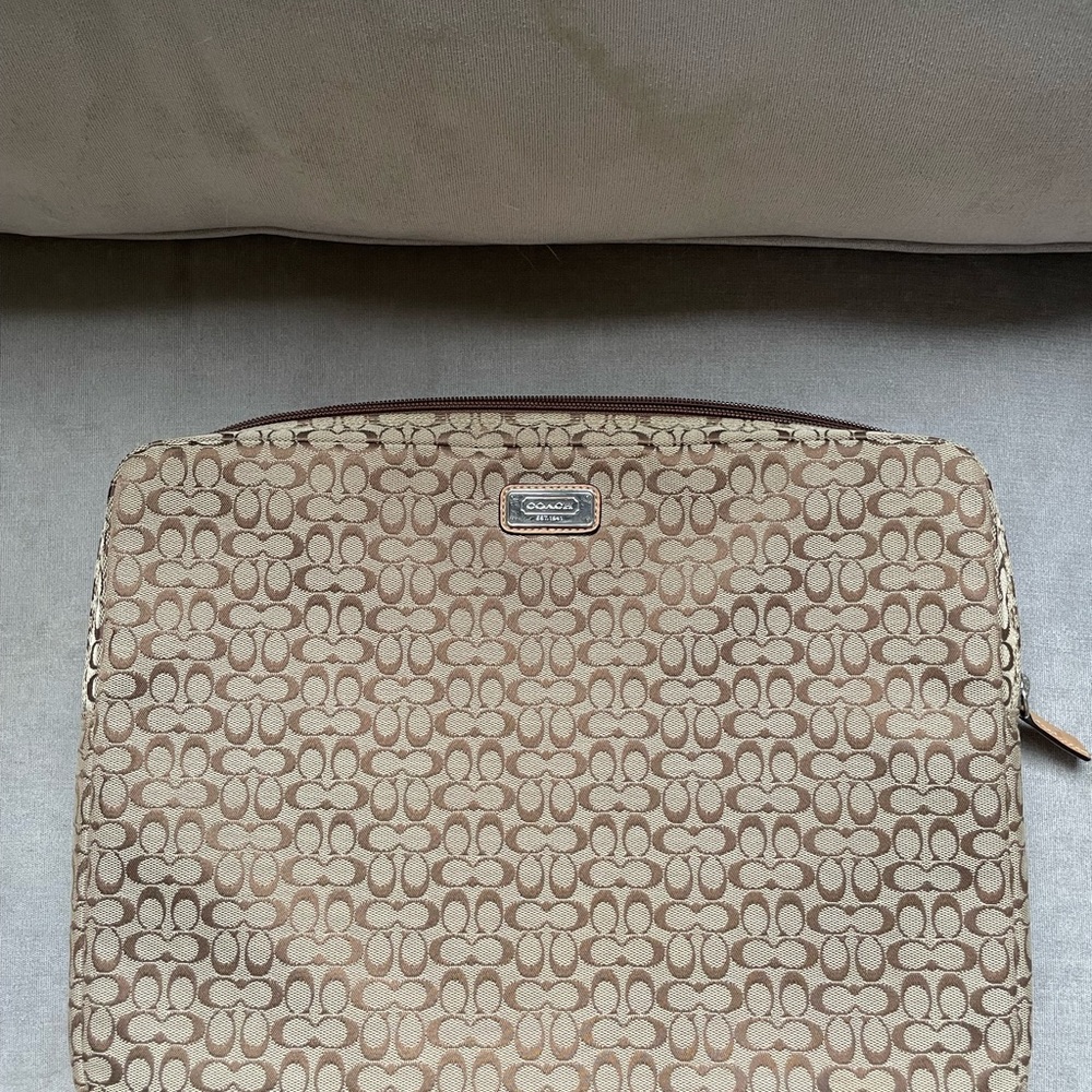 Coach Signature Jacquard Tan and Brown Computer Zip Sleeve Bag Clutch